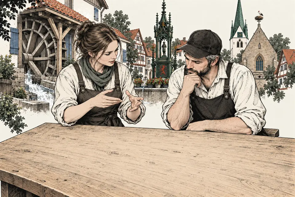 Illustration aus der Buchreise: Nela erläutert ihre Idee, Florian hört am Arbeitstisch zu.